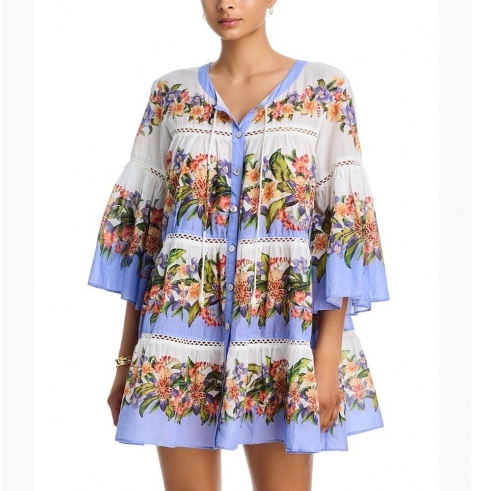 Farm Rio Hilo Stripes Light Blush Floral Tiered Mini Dress Swim Cover-Up XS NEW
